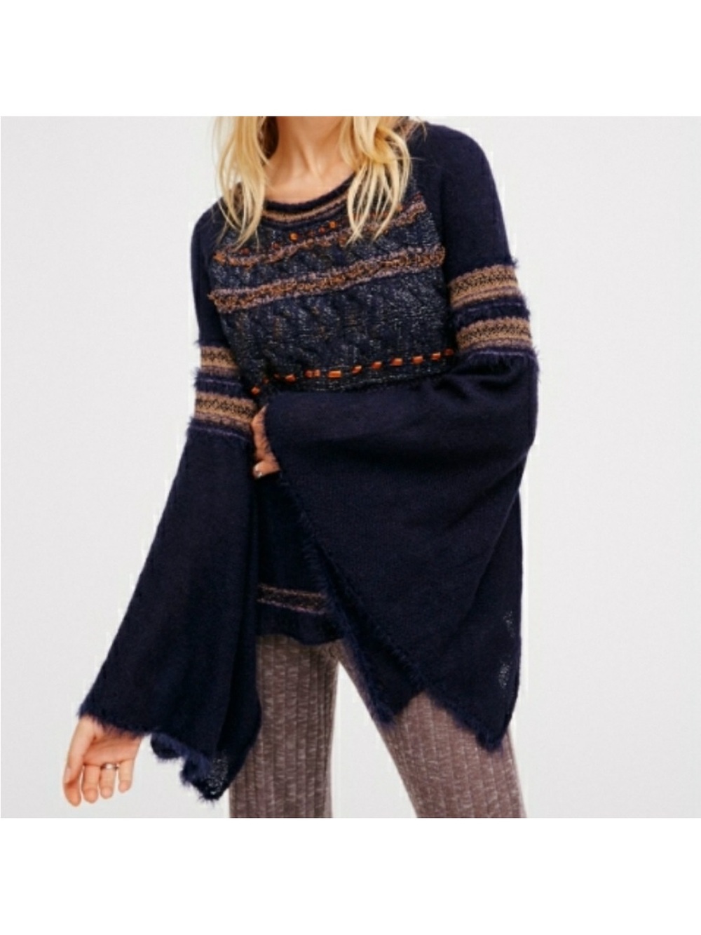 Free People Sweater Oversized Medium Blue Craft Time Bell Boho Chic Fairy Grunge